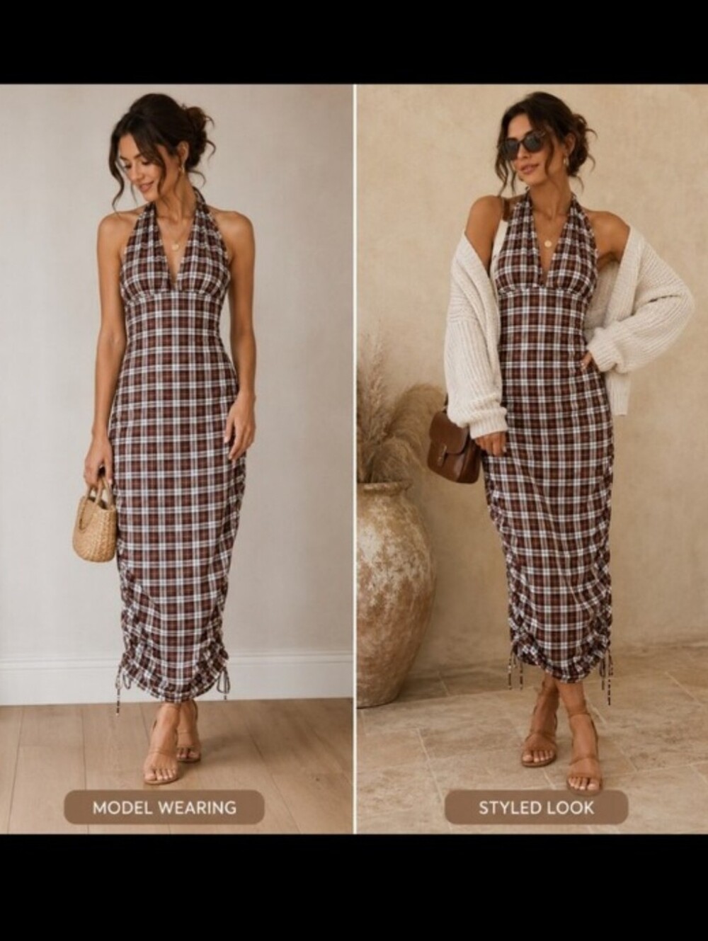 Better Be Brown Plaid Halter-Style Midi Dress Size Small